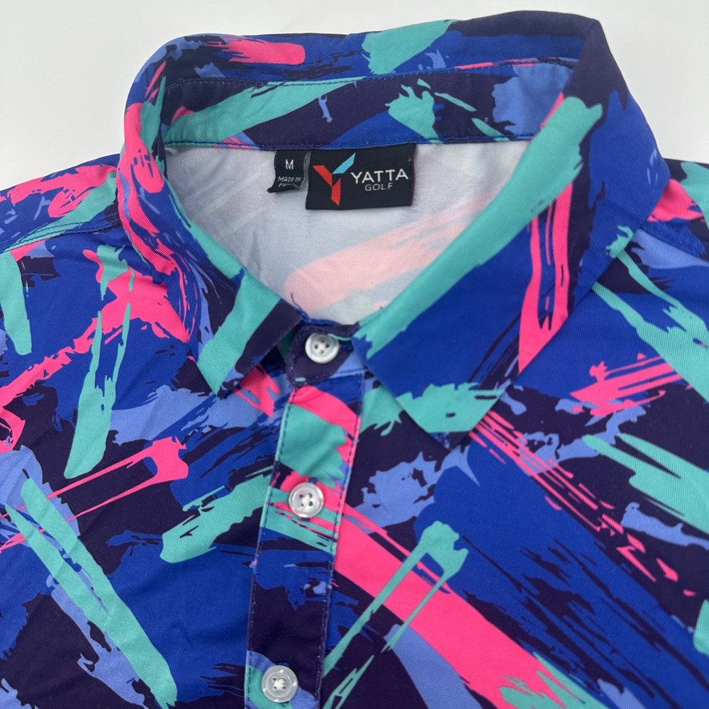 Yatta Golf Polo Shirt Mens Medium Blue Pink Abstract Performance Short Sleeve
